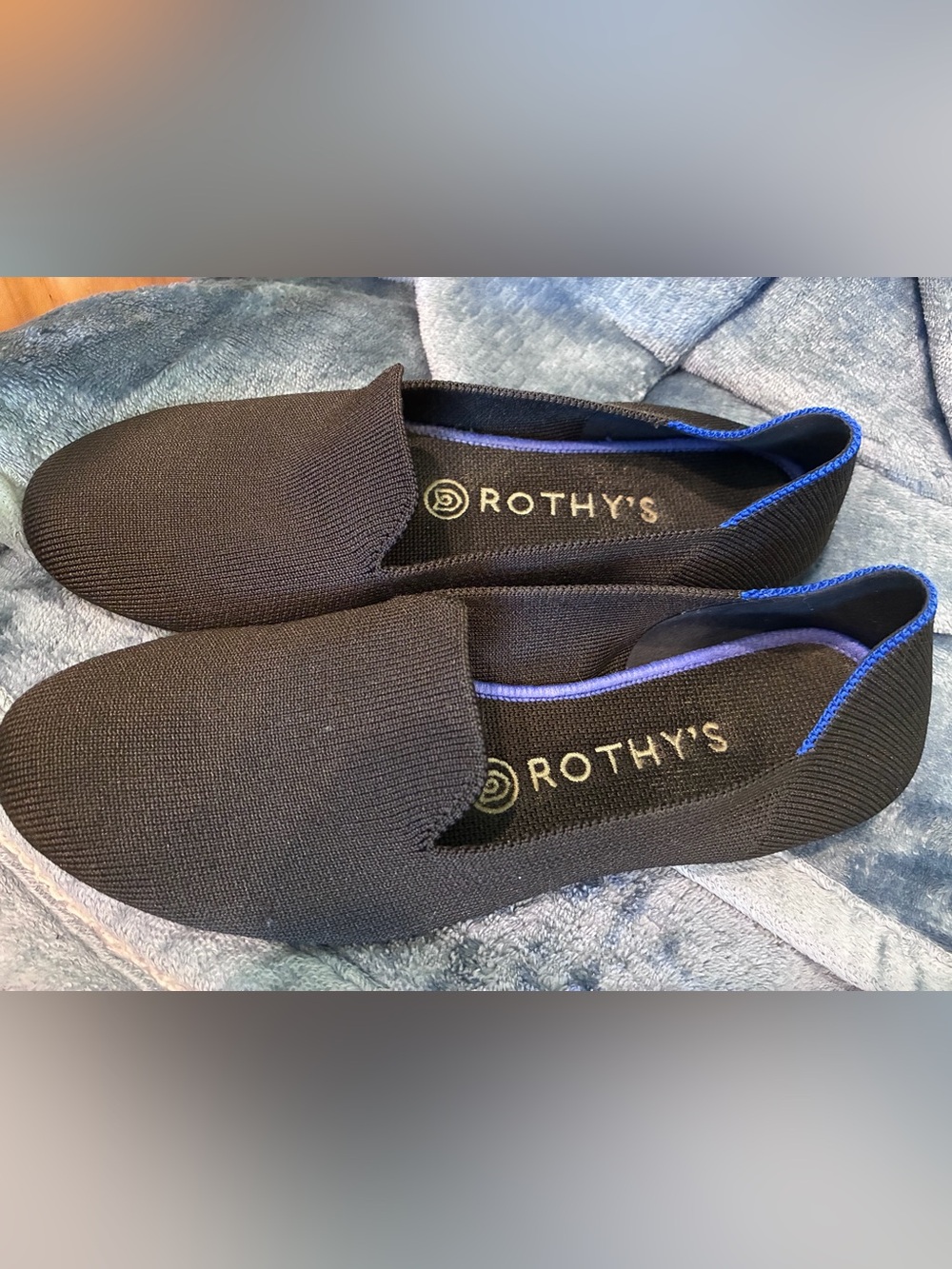 Rothy's Black Slip-On Loafers with Blue Trim, size 7.5, comfortable and cute